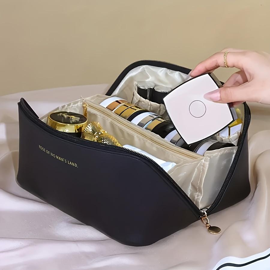 1pc Travel Makeup Bag - 3-Layer PU Cosmetic Organizer,Beige/Gold for Brushes & Skincare, Holiday Gift for Christmas/Thanksgiving