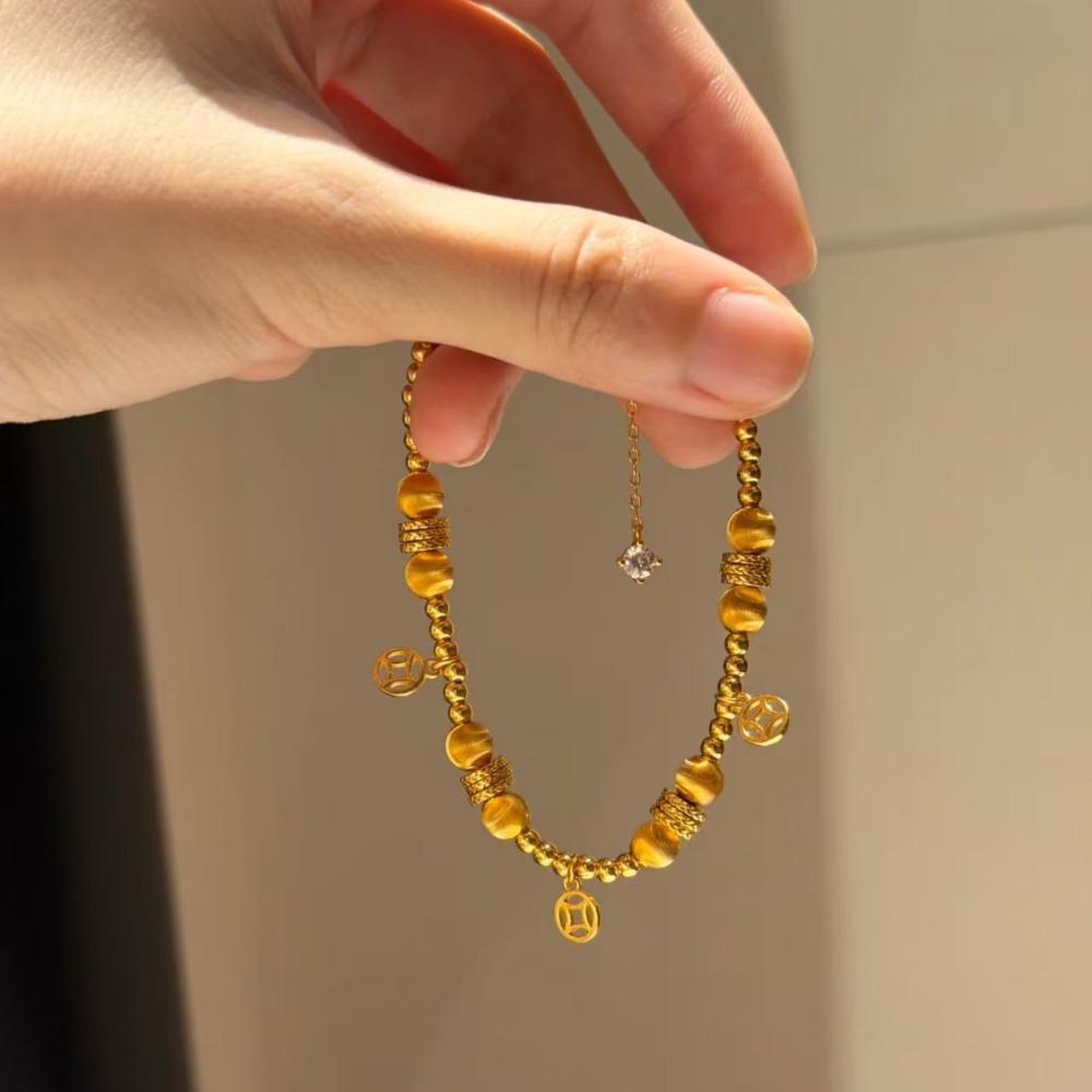 Gold Plated Coin Braided Bracelet with Brushed Cat Eye Beads Elegant Adjustable Money Jewelry for Women