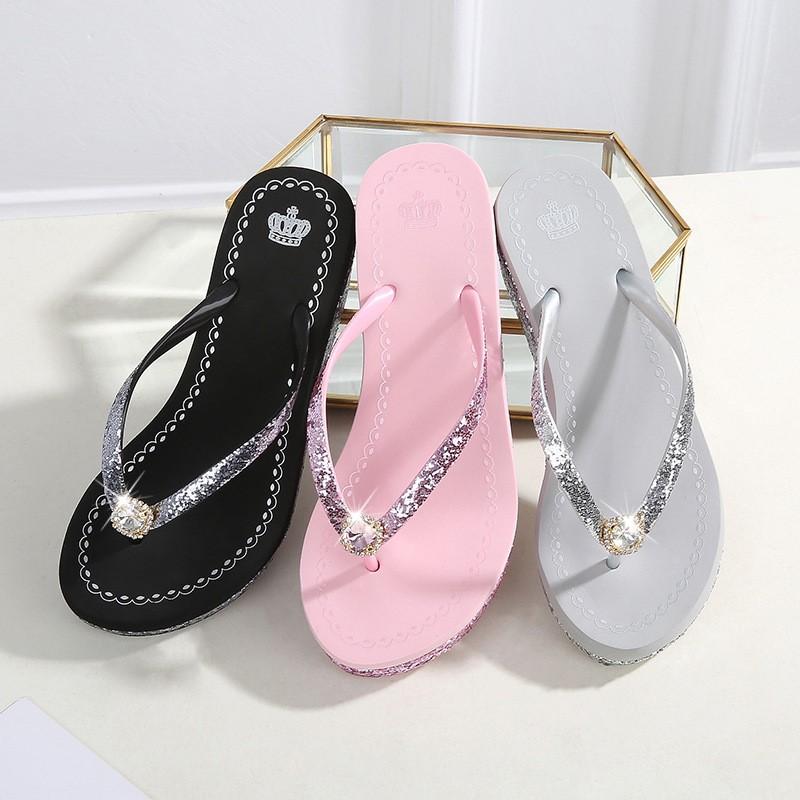 New summer Sequins Thick Bottom Slippers Sandals Summer Women Beach Wedges Shoes Sexy High Heel Rhinestone Flip Fops women