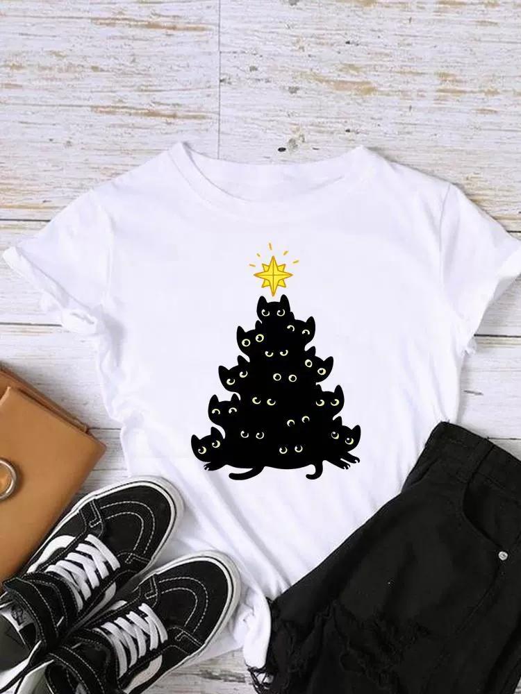 Christmas Womens Round Neck Short Sleeved Christmas Tree Reindeer Print Womens Loose Oversized Comfortable White Tshirt