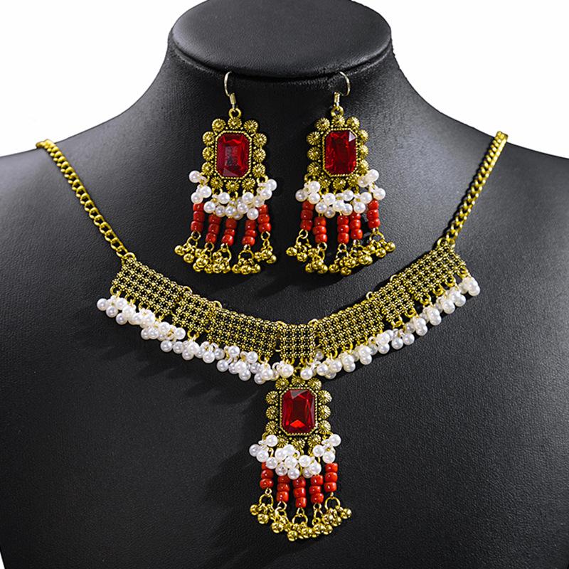 Bohemian Crystal Jewelry Set: Ethnic Tassel Necklace & Earring with Rhinestones