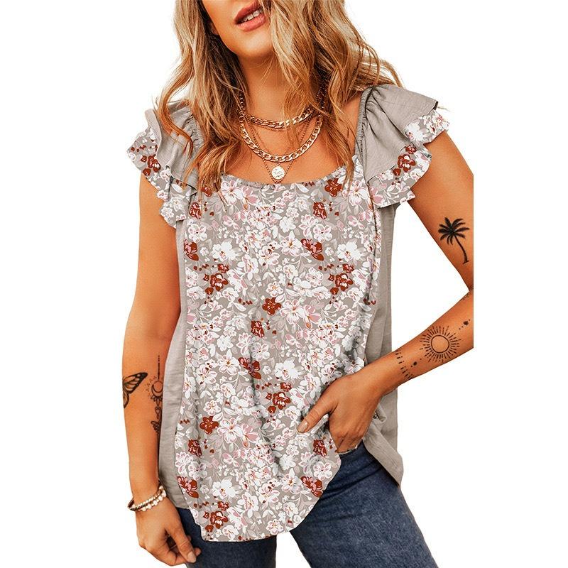 Women Bohemian Floral Print Ruched Short Sleeve Square Neck Pullover T Shirt Top