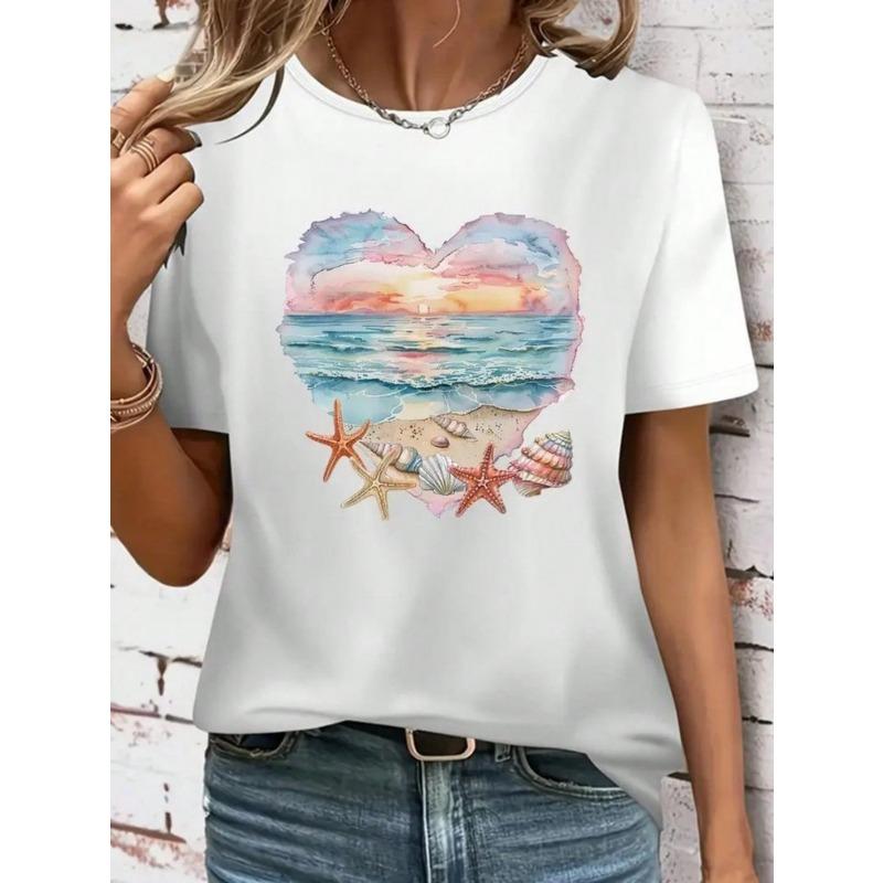 Europese Maat Modieus Letter Cartoon Print Dames Rond Hals Puur T-shirt, Eenvoudig Ontwerp, Comfortabel en Ademend, Veelzijdig Essentieel