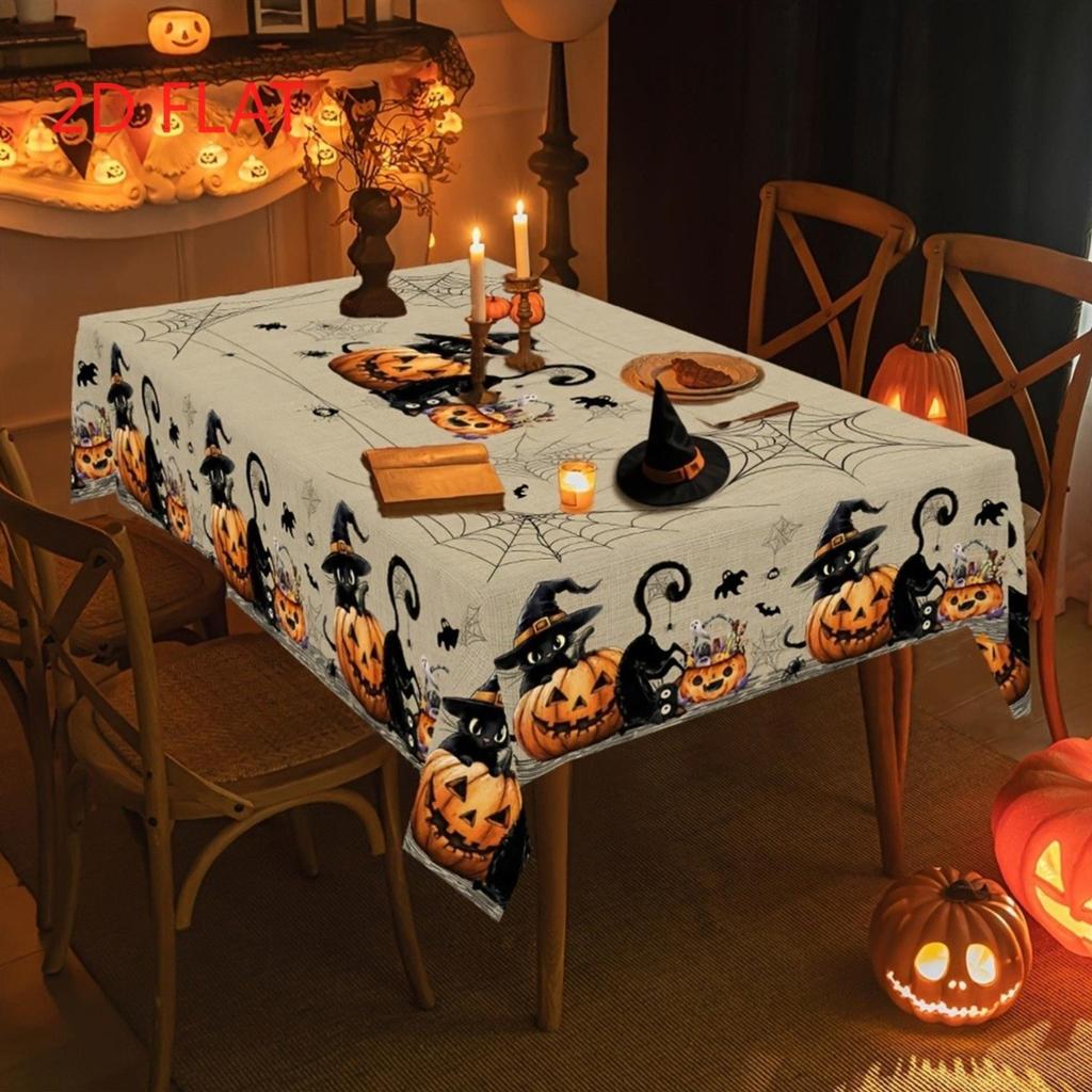 Tablecloth 1 piece 2d flat with a beige fabric pattern on the bottom, black cat wizard hat, pumpkin spider web, yzb