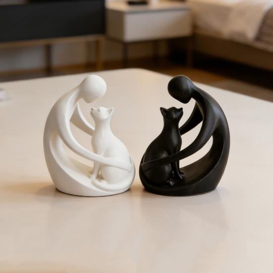Minimalist Abstract Human And Cat Figurine Modern Decorative Men Women Cat Statue for Home Office Table Shelf Desk Entryway Decor