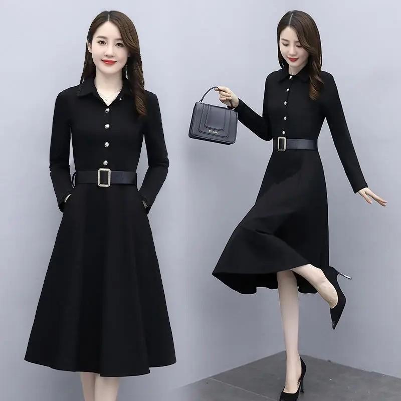 Plus Size Waist-Cinched Long Sleeve Shirt Dress for Women - Spring/Autumn 2026 Mid-Length Elegant Style
