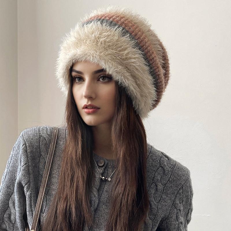1PC Color Block Elegant Pile Hat Versatile Knitted Fashion High Stretch Warmth Brimless Lightweight Plush Slouchy Hats Multi-Color