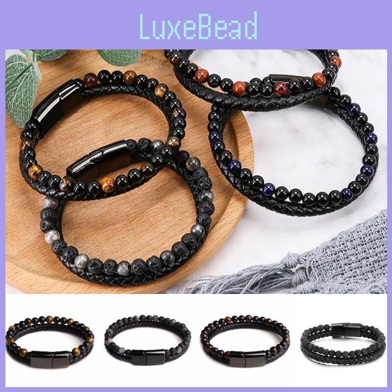 Men Double 21cm Layered Volcanic Stone Beaded Bracelet Alloy Clasp Leather Faux