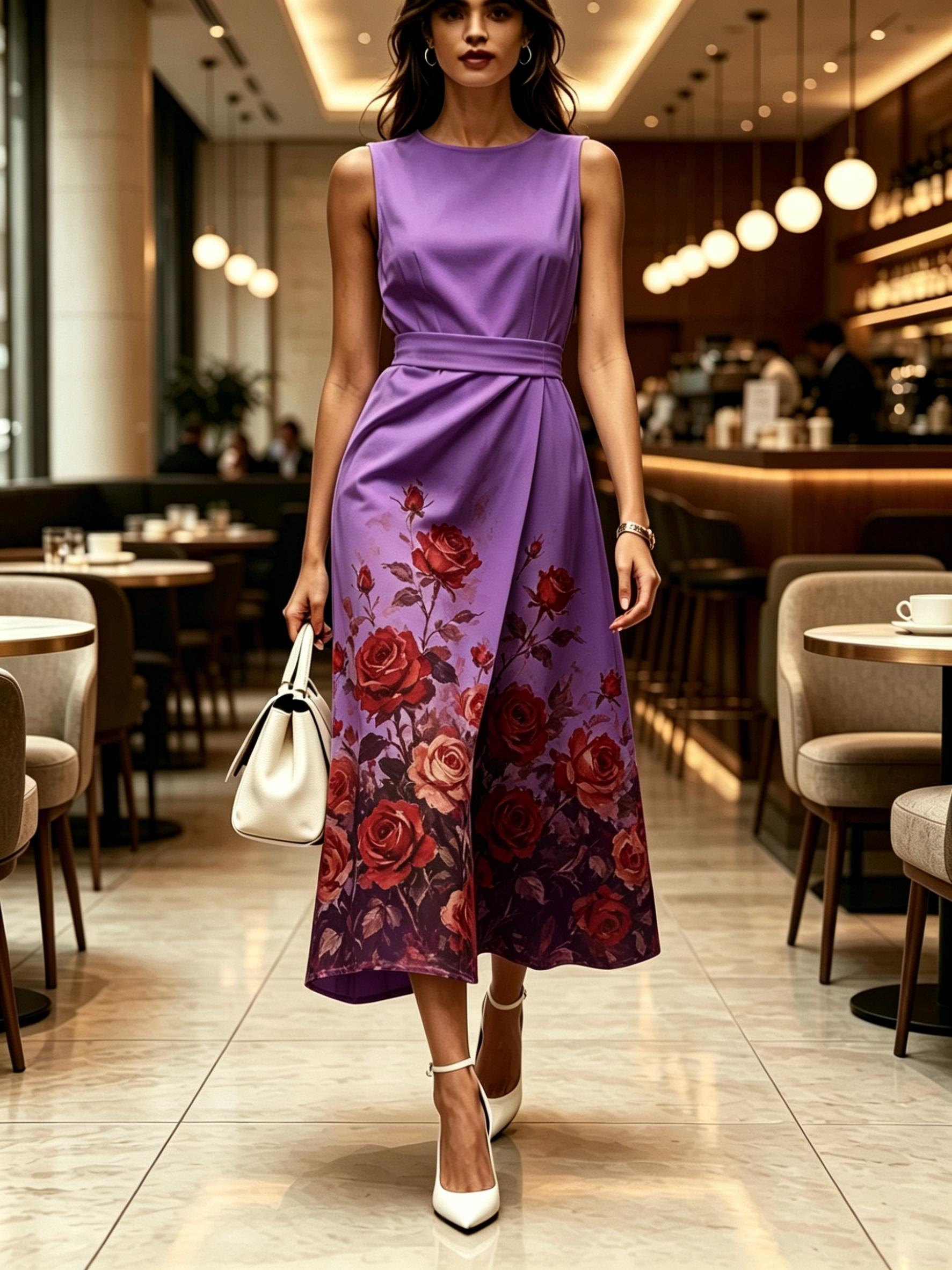 

Women Round Neck Sleeveless Midi Dress Purple with Red Rose Print Modern Elegant Casual Fashion Spring Summer Autumn Womens Clothing XXL