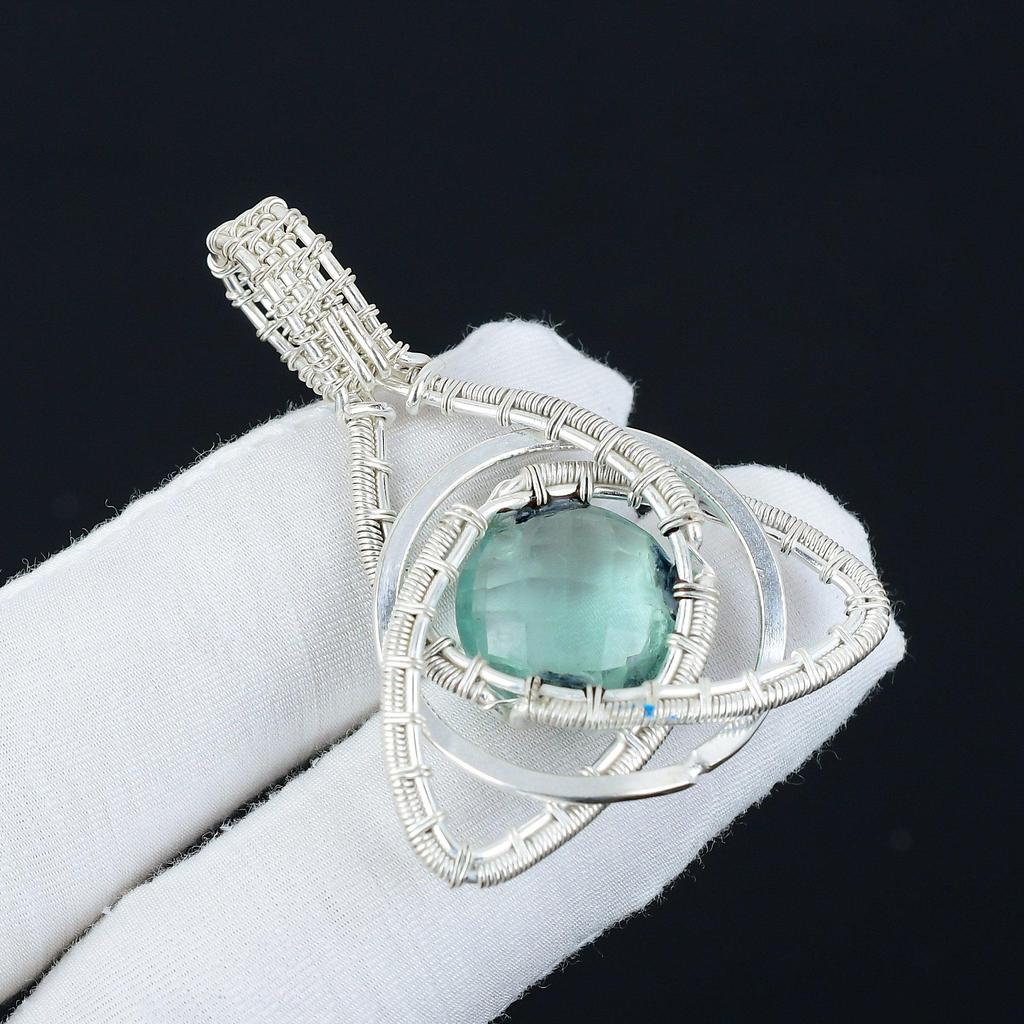 Aquamarline Gemstone Silver Pendant In 925 Sterling Silver- Handmade Design, Celtic Family Knot Wire Wrapped Everyday Jewelry, Party Wear Gift