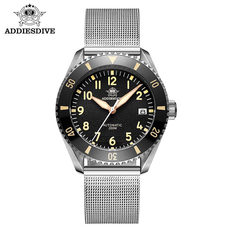 ADDIESDIVE Men's Automatic Mechanical Watches C3 Luminous Sapphire Milanese Strap Stainless Steel 20bar Waterproof Watch Reloj
