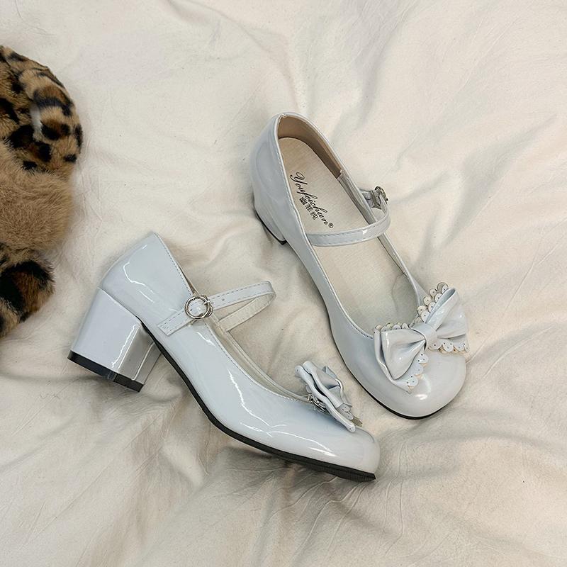Fashion Women Lolita Shoes Bow Sweet Party Dress Shoes Style Cute Round Head Jane Pumps Midi Heels Fashion High Heels Zapatos De Mujer