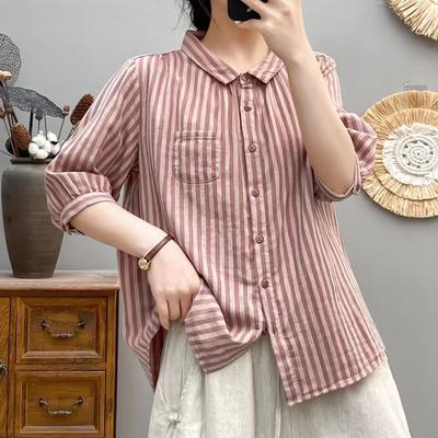 Double Layer Cotton Yarn Vertical Stripe 3/4 Sleeve Shirt for Women Summer Outfit New Artistic Casual Versatile Lapel Blouse Top