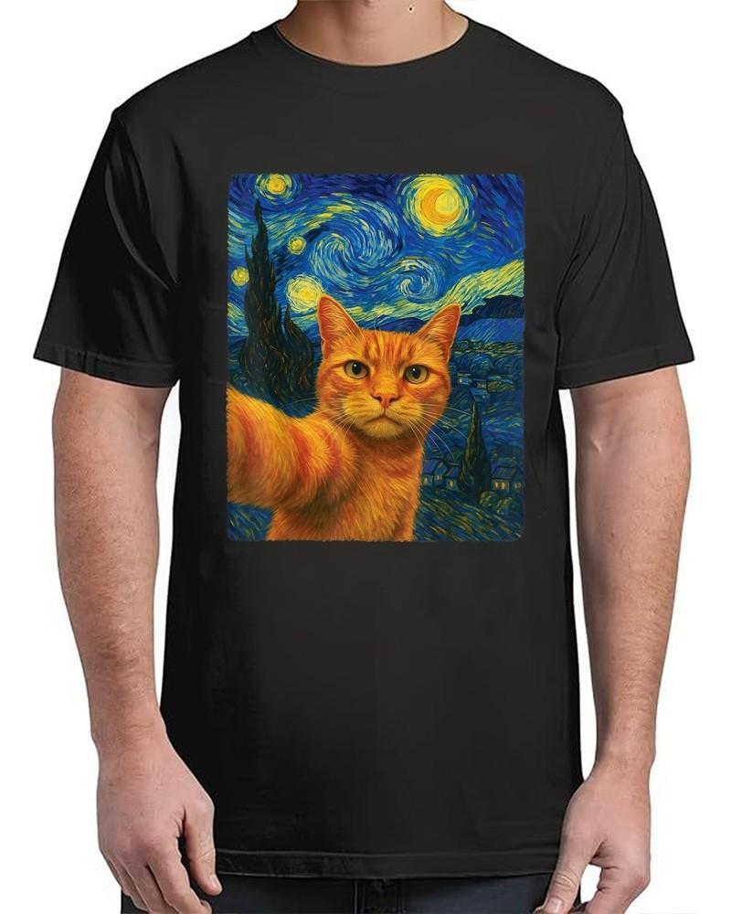 Orange Cat Selfie Van Gogh s Starry Night Cat Mom Vintage Adult S-4XL Unisex T-Shirt XL