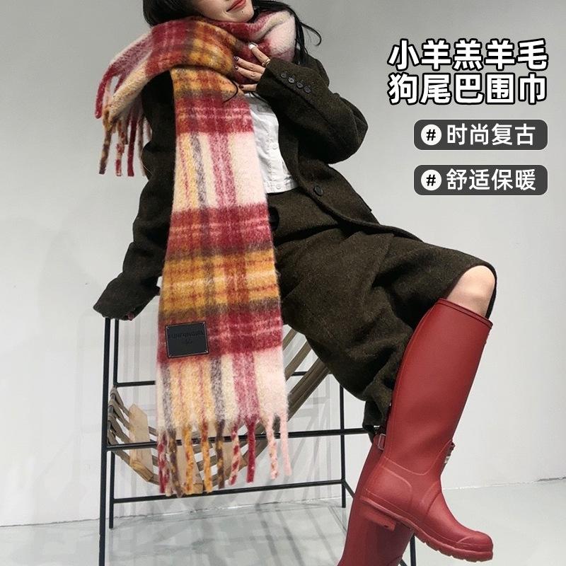 New plaid wool niche contrasting scarf women's autumn and winter thickened warm scarf high-end fringed shawl