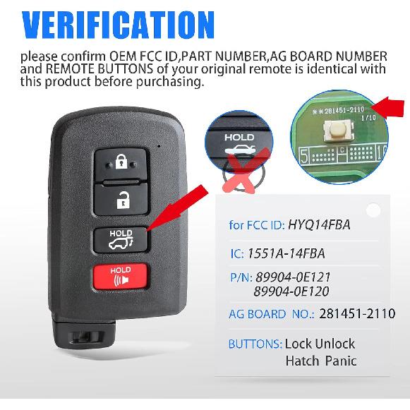 Car Key Fob Replacement Smart Remote Key for Toyota Highlander 2014 2015 2016 2017 2018  4 Buttons (FCC ID:HYQ14FBA P/N: 281451-2110 1551A-14FBA