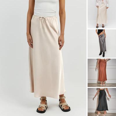 Women Skirt Silky Satin High Waist Drawstring Elastic Solid Color Ankle Length A-line Soft Breathable Casual Lady Maxi Skirt