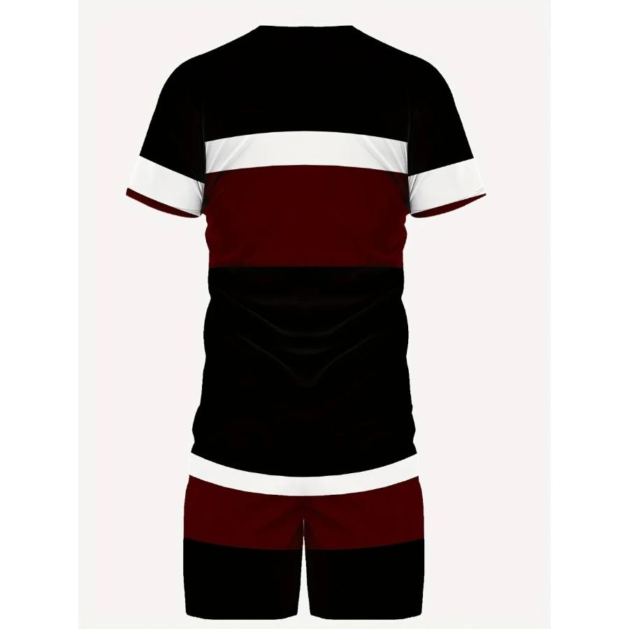 Fashionable Men's Summer Spliced Printed Pattern Breathable Round Neck T-shirt Shorts Set Outdoor Casual Two-piece Set