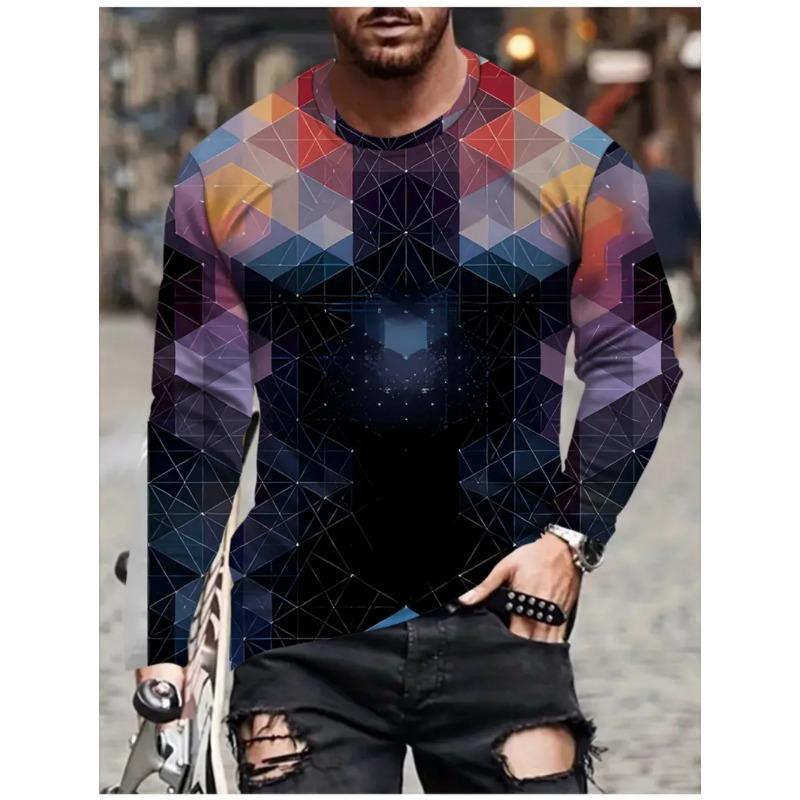 T Shirts for Man Geometric Block 3D Print Autumn Long Sleeve T-Shirt Pullover Casual Male Tops Street Lightweight Men's Clothes