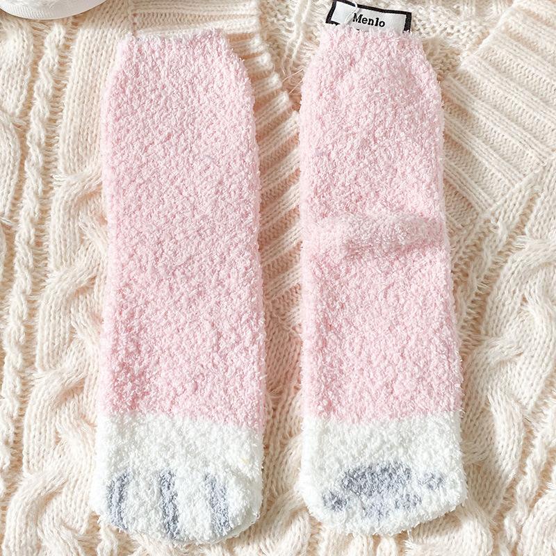 Cat Paw Striped Cute Socks Coral Fleece Winter Women Socks Thick Thermal Floor Sleeping Socks Candy Color Velvet Sock Warm
