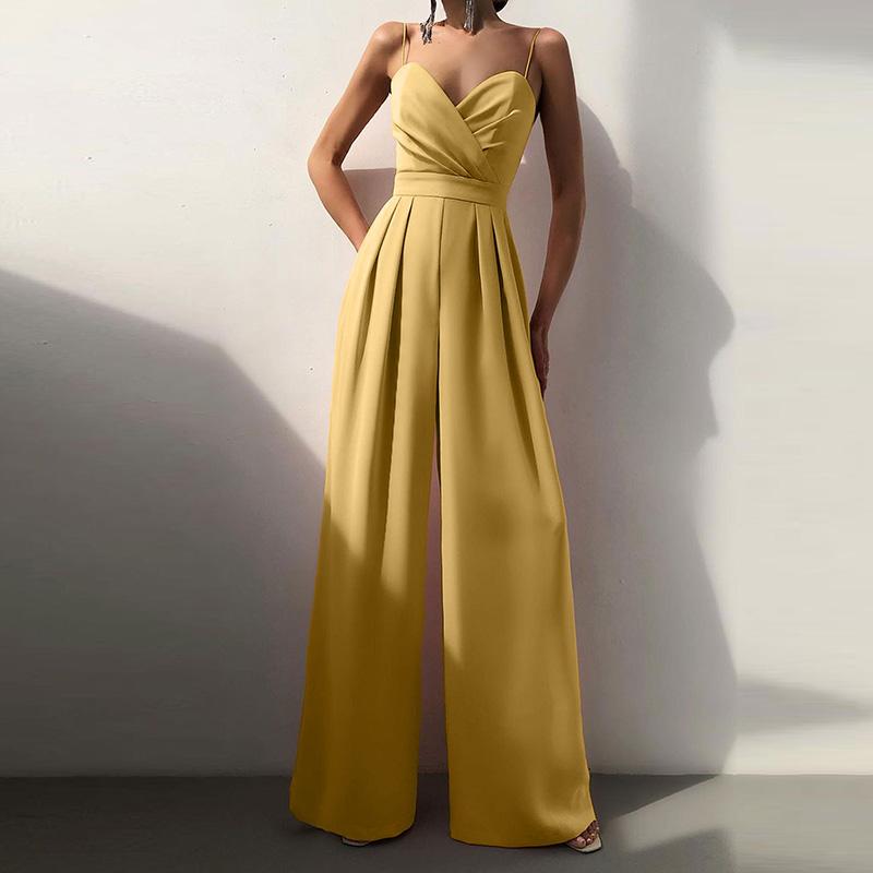 Spring Summer Casual Wide Leg Long Jumpsuit Female Solid Color Draped Slim Playsuit Women Elegant High Waist Strap Solid One Piece Romper