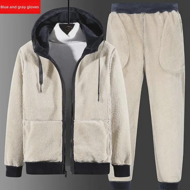 Herre Pluss Størrelse Lammeskinn Hette Sportsdrakt - Fløyel Tykk, Varm Sølvrev Fleece Genser