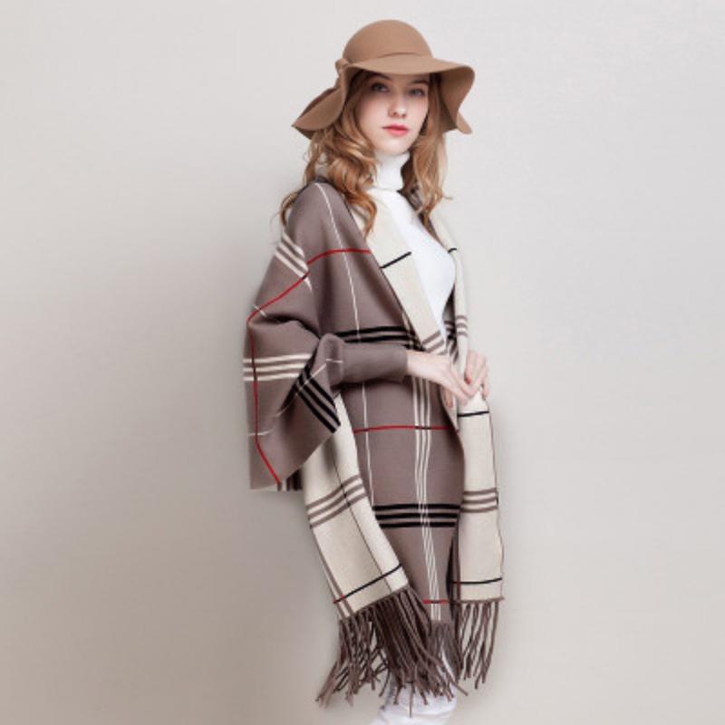 Women'S Double-Sided Shawl, Scarf, Dual-Purpose Fringed Thickened Long-Sleeved Cashmere-Blend Cape Jacket