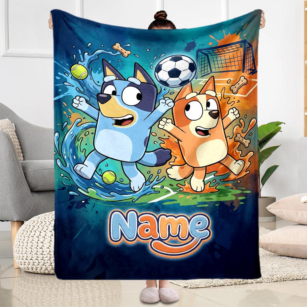 Bluey Soccer Adventure Customize Text Blanket Cozy Customizable Blanket Comfortable Great for Bedding Couch Sofa Office Chair Four Seasons Universal