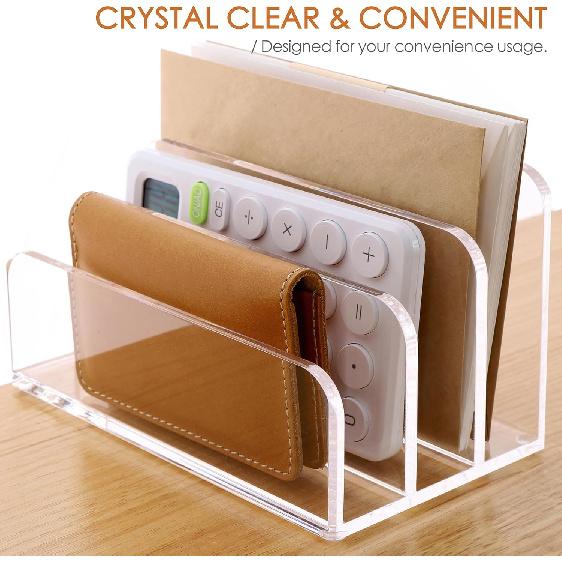 SANRUI 3 Compartments Mail Organizer Letter Holder for Desk ,Vertical Letter Holder,File Sorter Acrylic Desk Organizer Office Supplies,Clear
