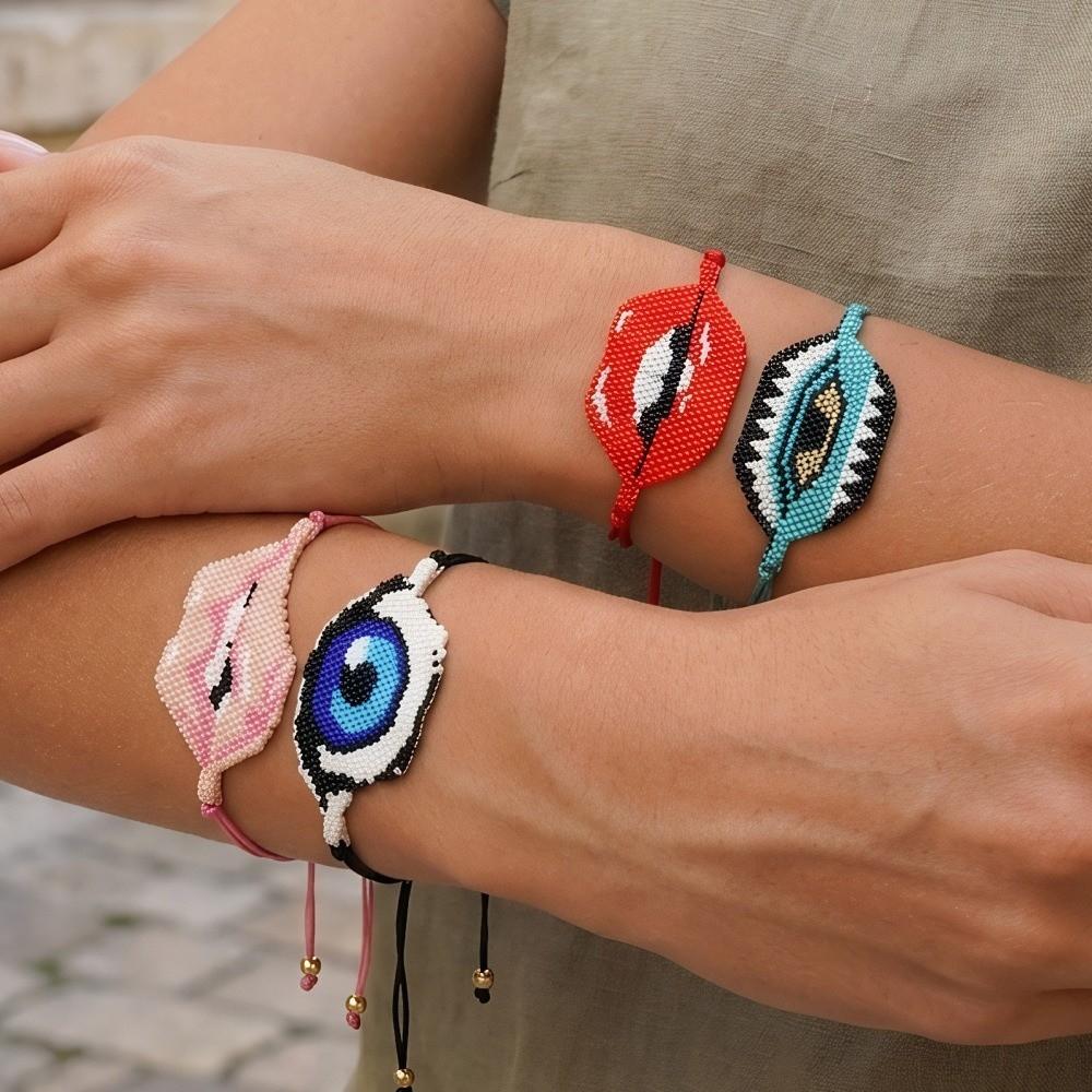 Sweet Adjustable Beaded Bracelet Vintage Fashion Demon Eyes Hand Chain Aesthetic Exquisite Lip Biting Bangle Couple