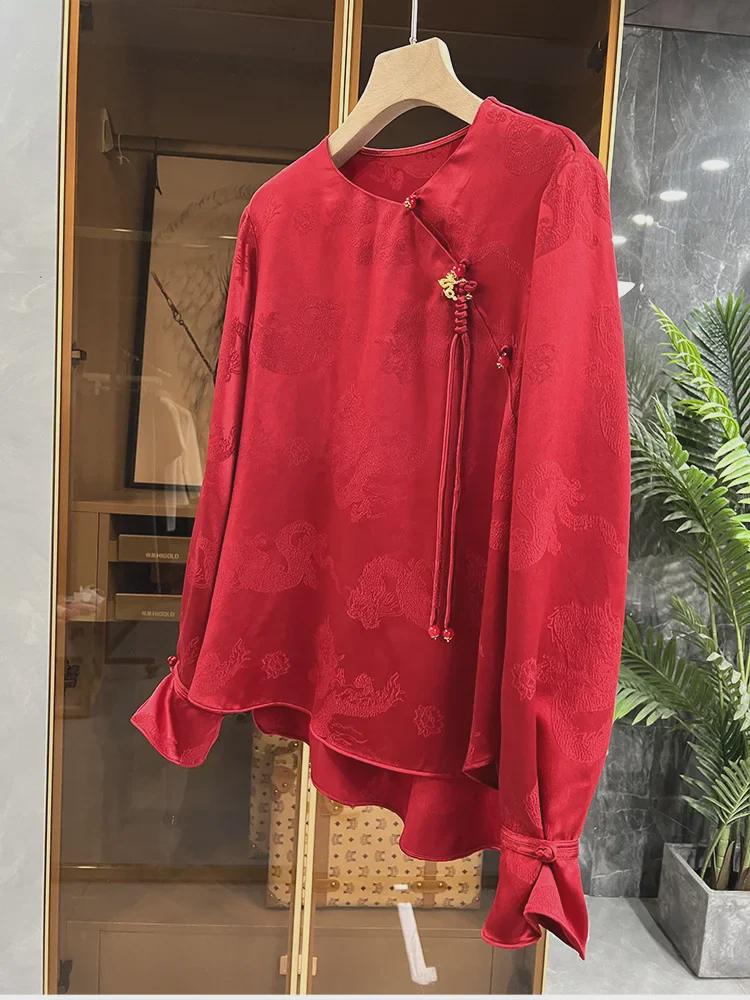 2024 Festive Red Chinese-Style Jacquard Dragon Top for Women