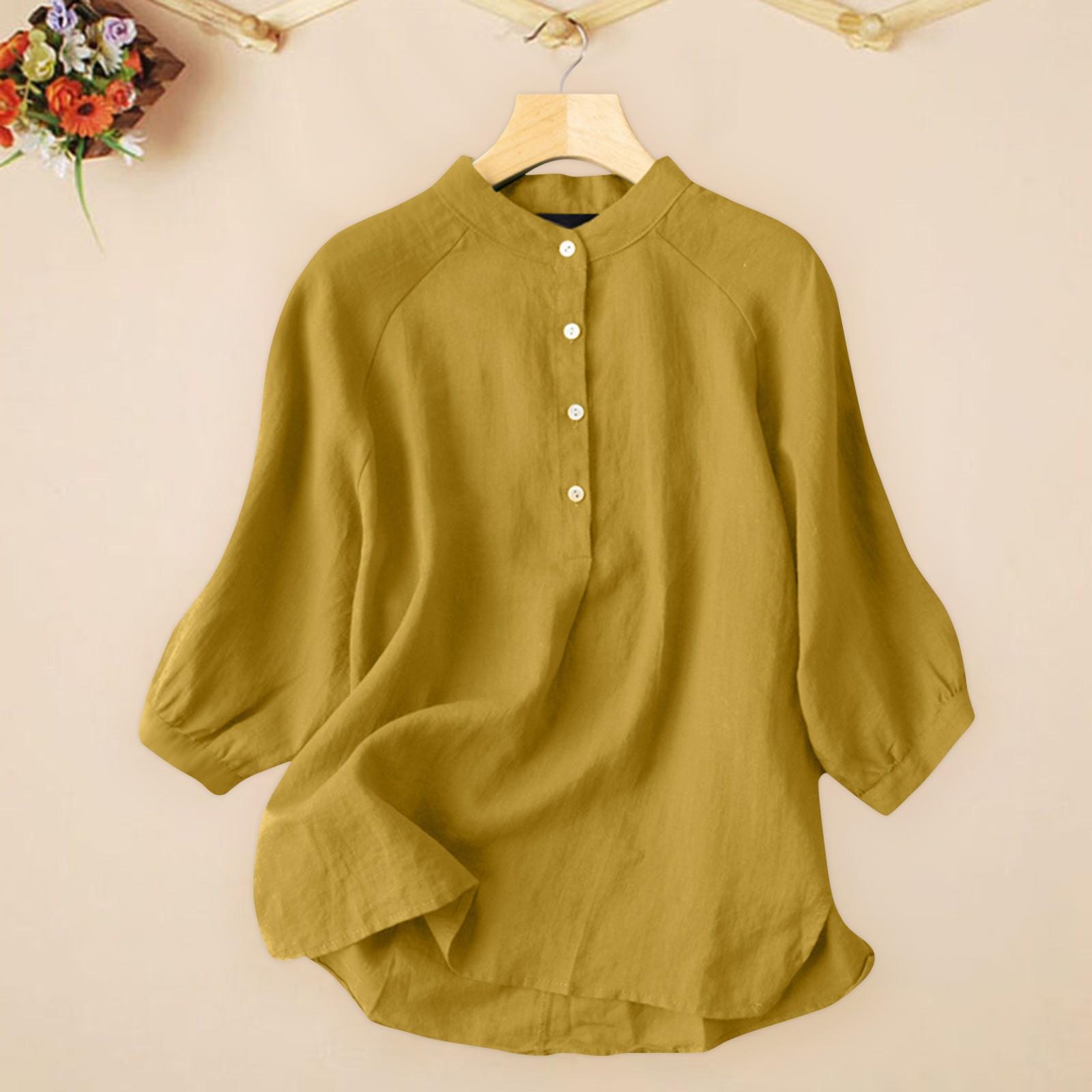 

Женские повседневные свободные рубашки с v-образным вырезом и рукавами 3/4, однотонные льняные топы на пуговицах, футболки, футболки M жёлтый
