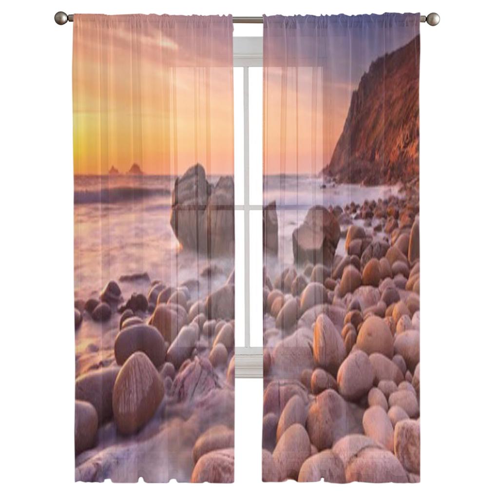 Felsiger Strand von Porth Nanven in Cornwall England bei Sonnenuntergang Chiffon Transparente Vorhänge Wohnzimmer Schlafzimmer Fenster Voiles Tüllvorhang