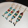 Vintage Ethnic Blue Red Enamel Fish Tassel C Shaped Long Hoop Earrings Women Gold Plated Alloy Casual Party Jewelry