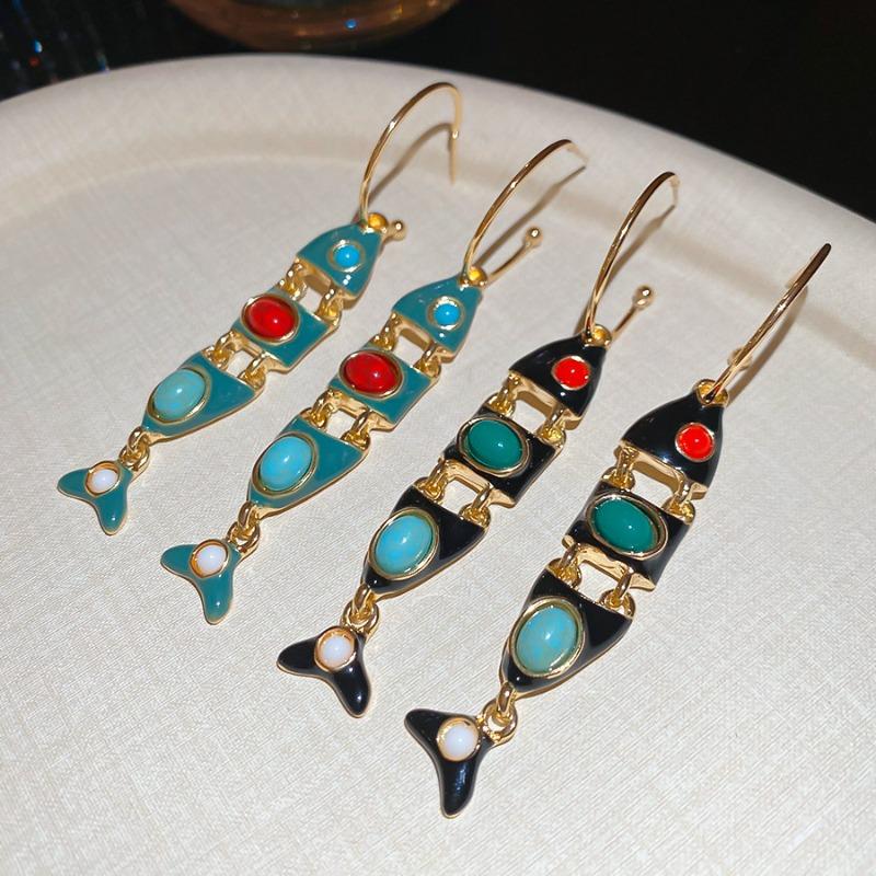 Vintage Ethnic Blue Red Enamel Fish Tassel C Shaped Long Hoop Earrings Women Gold Plated Alloy Casual Party Jewelry