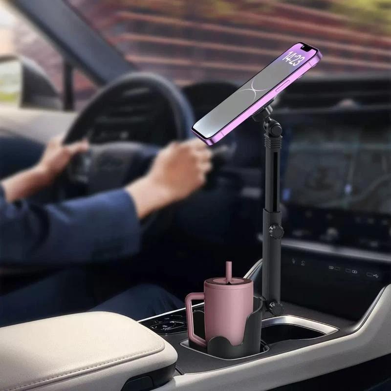 2-in-1 Car Cup Holder Phone Mount Dual Magnetic Cell Phone Bracket 1PC Non-Slip Silicone Pad Secure Phone Grip