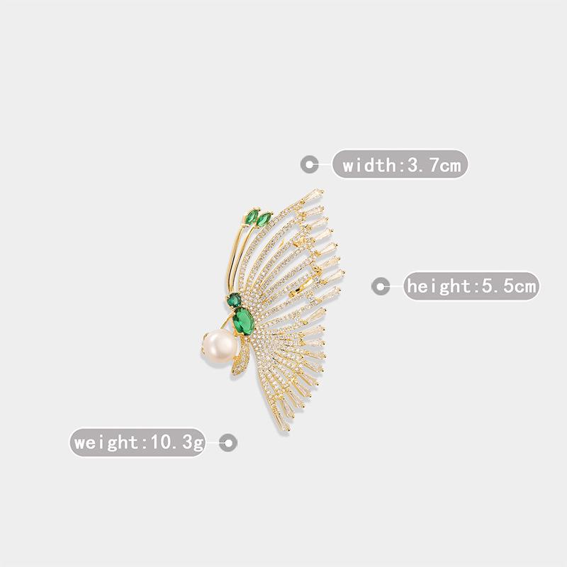 Copper Zirconia Butterfly Brooch with Freshwater Pearl - Dual-Use Insect Pin Pendant Corsage Accessory