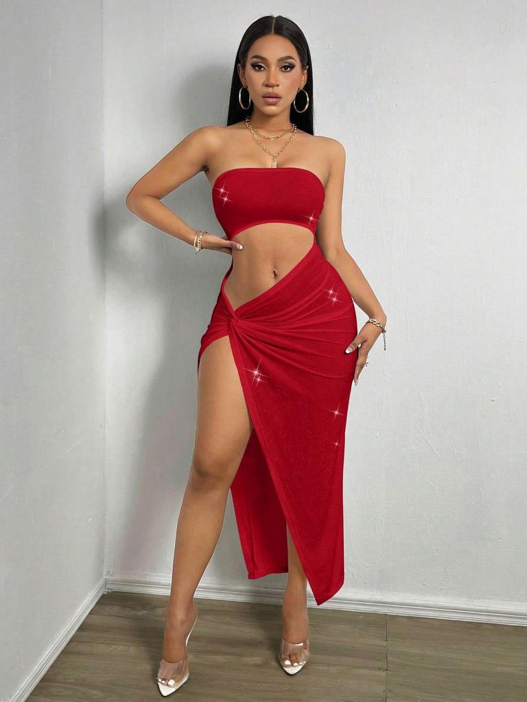 Vestido Ajustado Sexy de Verano 2026 Estilo Europeo con Abertura, Huecos y sin Tirantes