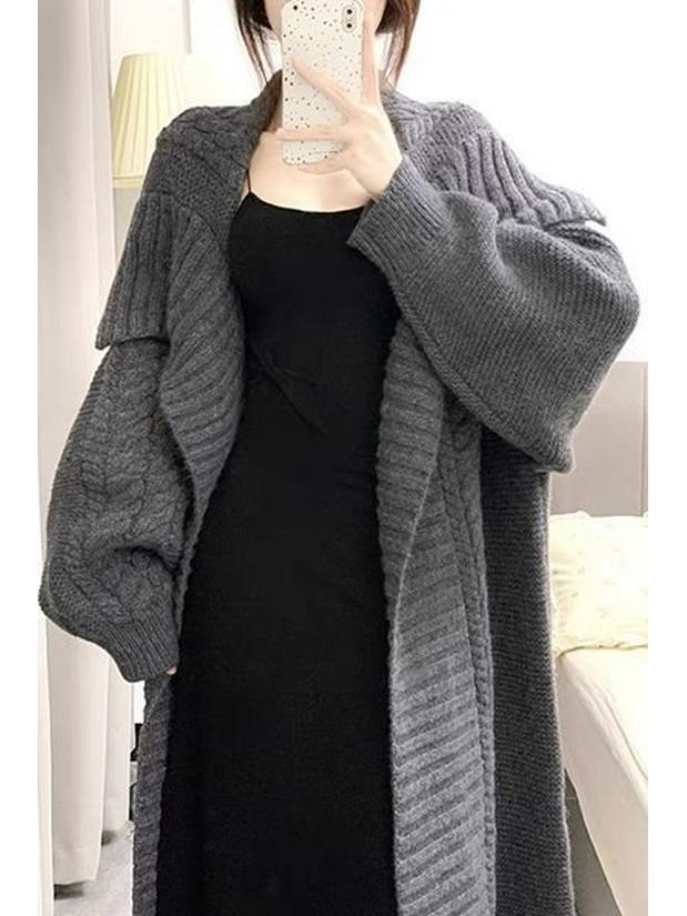 French Retro Long Knit Cardigan with Turn-Down Collar - Loose, Cozy Sweater for Tall Individuals (Autumn/Winter)