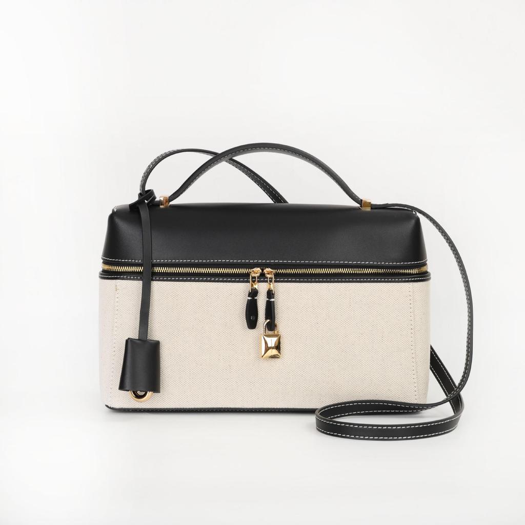 Niche High-End LP27 Women's Luxury Cowhide and Canvas Leather Shoulder Makeup Bag with Large Capacity.