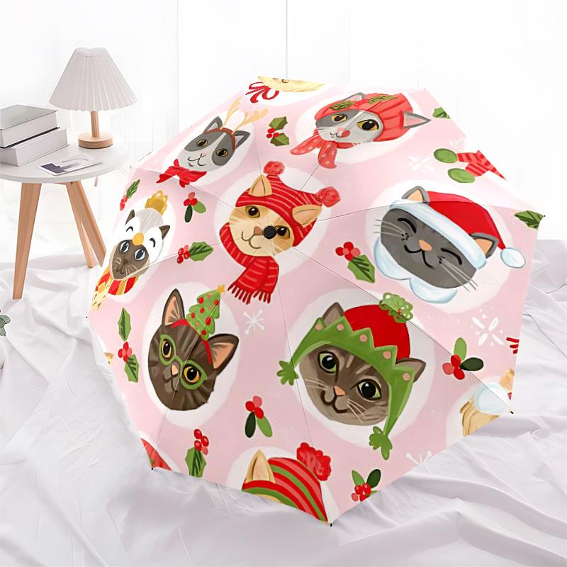 1 Stück Weihnachts-Katzen-Print Automatischer Öffnungs-/Schließ-Faltregenschirm - Kompaktes 8-Rippen-Design, Tägliche Nutzung, Perfektes Geschenk für Freunde & Familie yy251124179