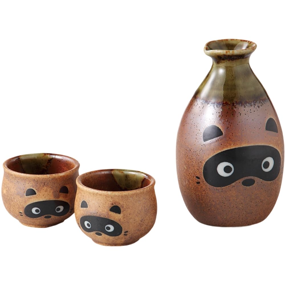 Sake Tokkuri and Guinomi Diameter x Shigaraki Tanuki Suitable for Cold and Hot Mino Made in Japan Ale-net Set, (Sake Bottle) Set, 7.6 12.3cm, 270cc,