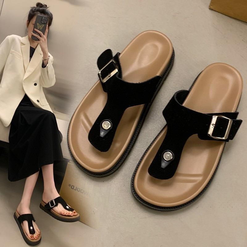 Thick Soled, Slipper, Summer, Outerwear, Toe Clip, Flat Strap, Adjustable, Square Buckle, Thick Soled Slipper, Flip Flops