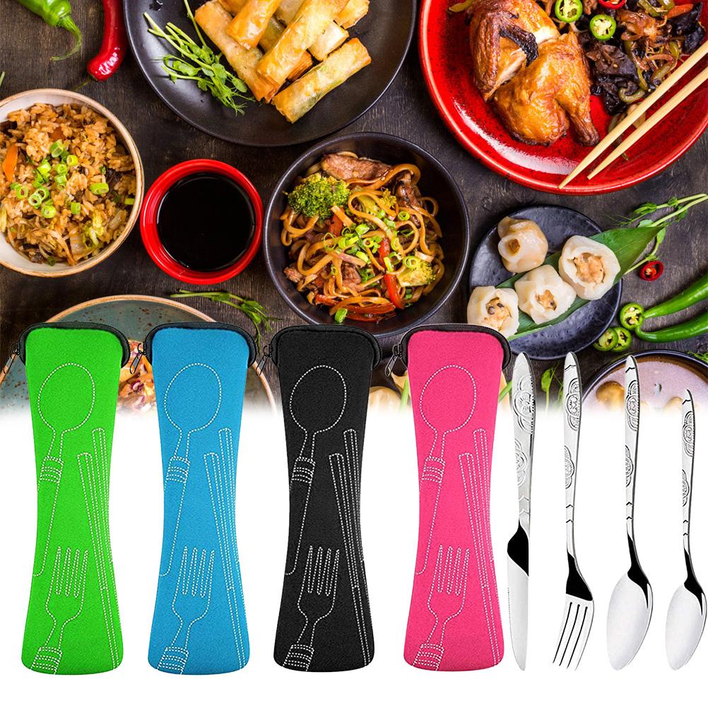 4PCS Cutlery Set Stainless Steel Cutlery for Cutter Fork Spoon Surface Carved Portable Lightweight