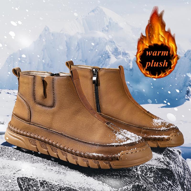 Fashion Golden Sapling Winter Add Plush Warm Men s Boots Outdoor Fashion Soft Leather Side Zipper Man Shoes Round Toe Leisure Flat Boot 38 6229₽
