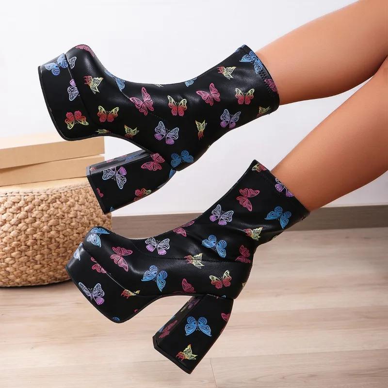 Fashion 2024 New Women's Short Boots Fashion Square Head Waterproof Platform High Heels Versatile Thick Sole Women's Boots