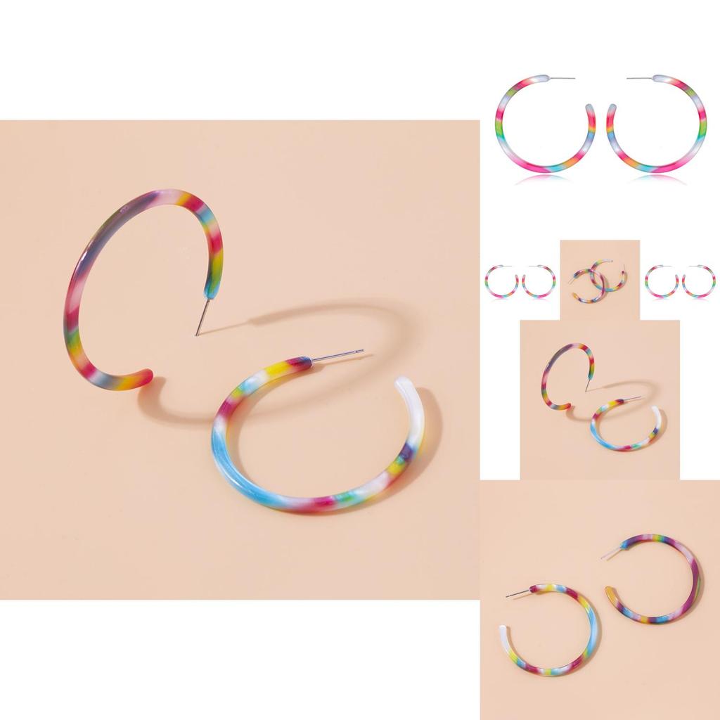 European American C-shaped Rainbow Acrylic Earrings Vibrant Alloy Jewelry