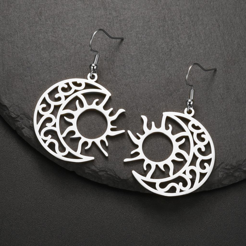 LIKGREAT Vintage Celtic Crescent Moon Sun Drop Dangle Earrings for Women Stainless Steel Good Luck Pendant Jewelry Birthday Gift