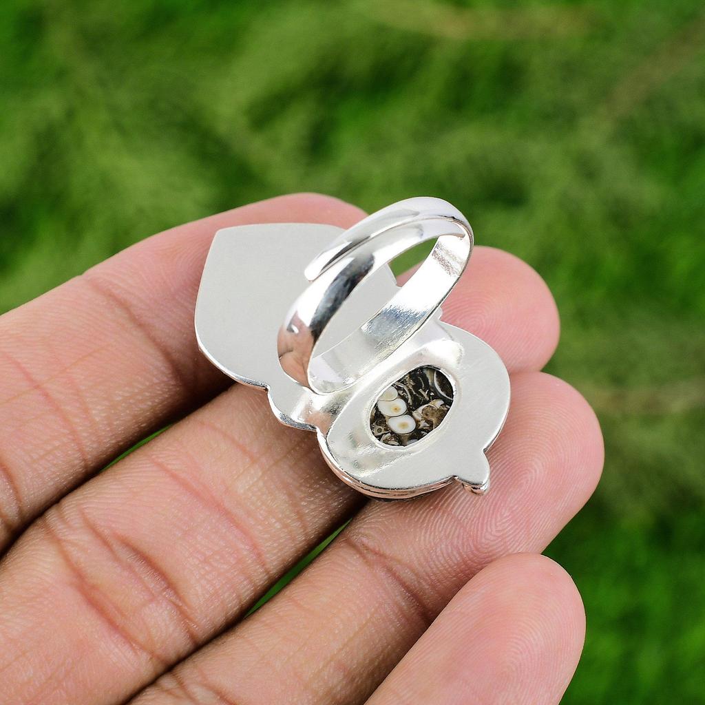 Turritella Agate Stone 925 Sterling Silver Statement Promise Bird Ring Jewelry