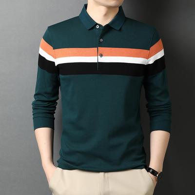 Maglietta a Maniche Lunghe da Uomo in Cotone Primavera e Autunno Sottile con Colletto Top Sottomaglia a Righe Orizzontali Maglietta di Cotone da Uomo Polo